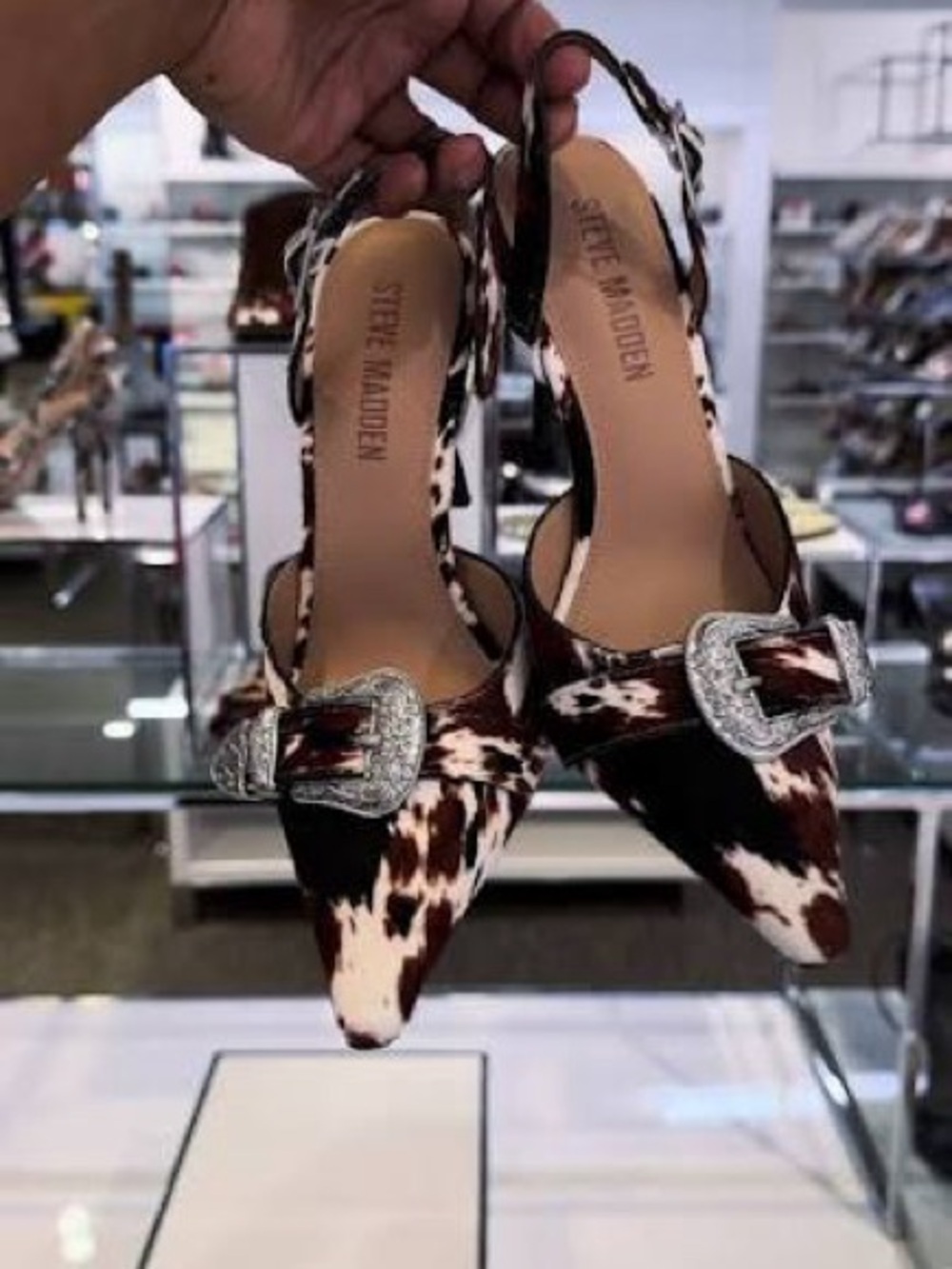 Steve Madden Brown White Cowhide Pointed Slingback Heel Silver Buckle Delilah - Picture 3 of 6